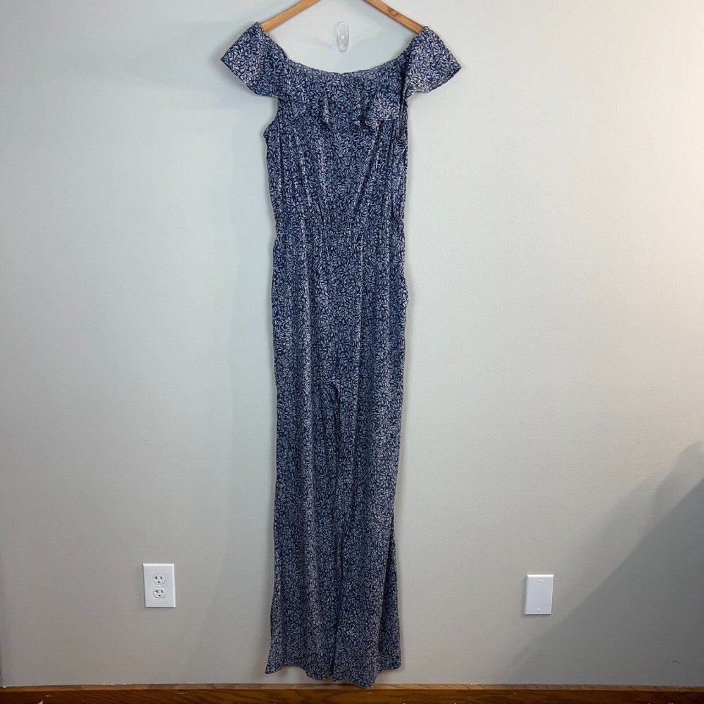 Diane Von Furstenberg Jumpsuit M Navy White‎ Floral Off Shoulder Wide Leg Womens